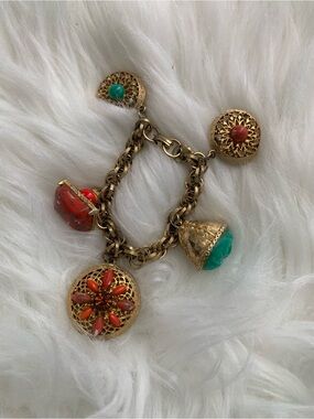 Vintage Gold-Tone Charm Bracelet with Red and faux Turquoise Accents